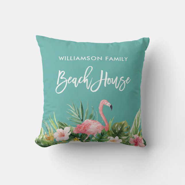 Brush Script Tropical Floral Family Beach House Outdoor Pillow (Front)