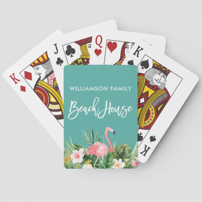 Brush Script Tropical Floral Family Beach House Poker Cards (Back)