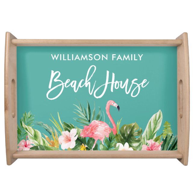 Brush Script Tropical Floral Family Beach House Serving Tray (Front)