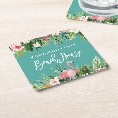 Brush Script Tropical Floral Family Beach House Square Paper Coaster