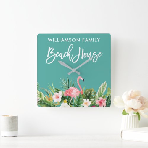 Brush Script Tropical Floral Family Beach House Square Wall Clock