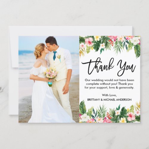 Brush Script Tropical Floral Wedding Photo Thank You Card