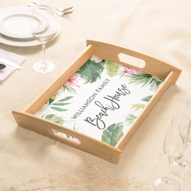 Brush Script Tropical Greenery Floral Beach House Serving Tray (Front)