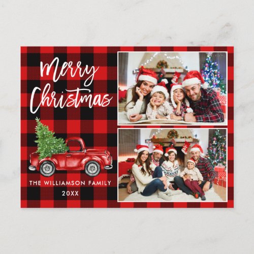 Brush Script Truck 2 Photo Christmas Red Plaid Postcard