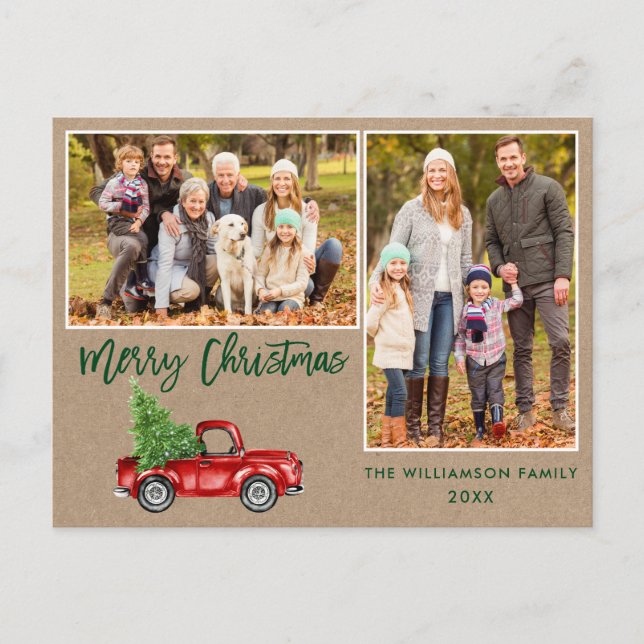 Brush Script Truck 2 Photo Kraft Christmas Postcard (Front)