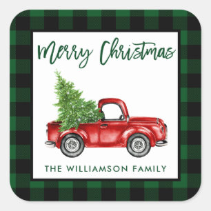 Brush Script Truck Christmas Green Plaid L Square Sticker
