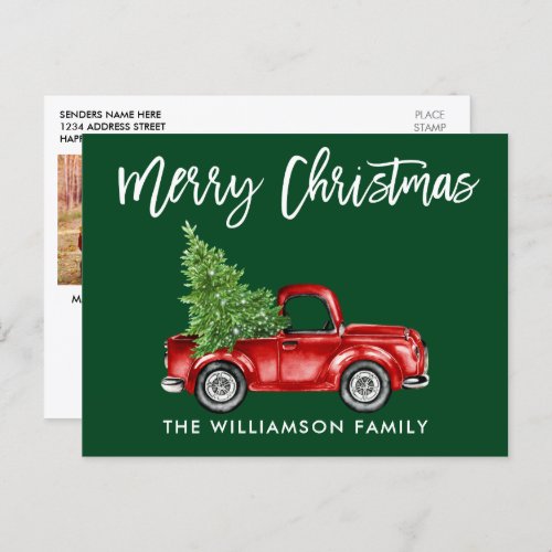 Brush Script Truck Christmas PHOTO BACK Green Postcard