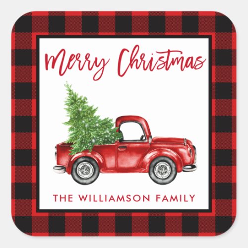 Brush Script Truck Christmas Red Plaid L Square Sticker