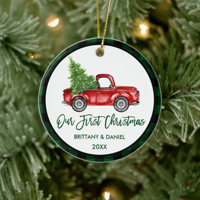 Brush Script Truck First Christmas Green Plaid Ceramic Ornament (Tree)