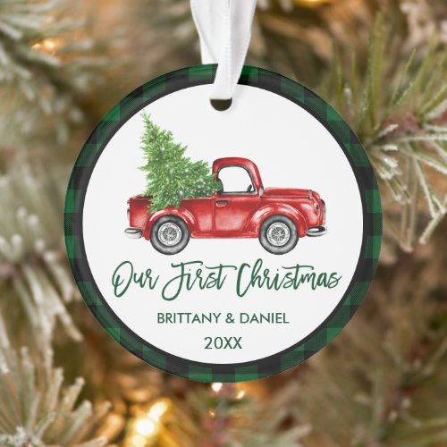 Brush Script Truck First Christmas Green Plaid Ornament