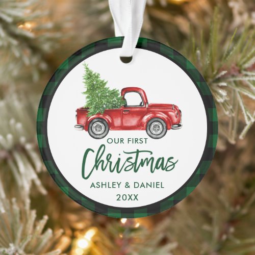 Brush Script Truck First Christmas Green Plaid Ornament