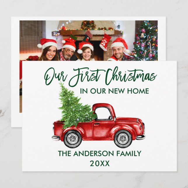Brush Script Truck First Christmas New Home Photo Holiday Card (Front/Back)