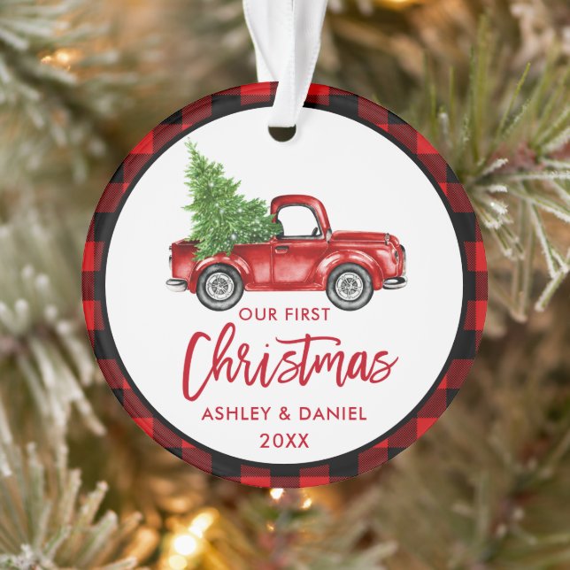 Brush Script Truck First Christmas Red Plaid Ornament (Tree)