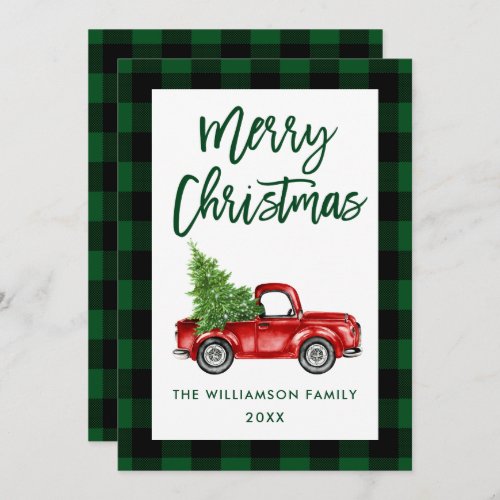 Brush Script Truck Green Plaid Christmas Card