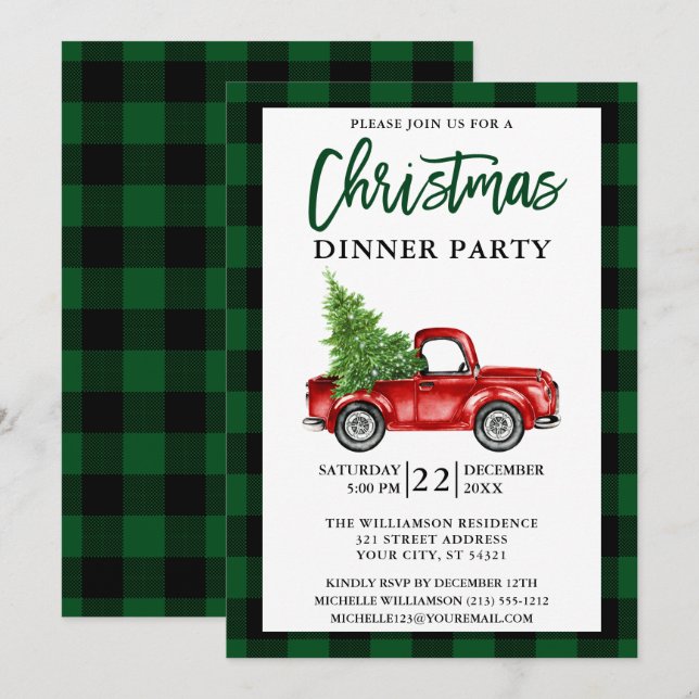 Brush Script Truck Green Plaid Christmas Party Invitation (Front/Back)