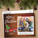 Brush Script Truck Instant Photo Christmas Tape Postcard<br><div class="desc">Modern Brush Script,  Watercolor Vintage Red Truck with Christmas Tree,  Instant Camera Style Photo Merry Christmas Postcard - Rustic Wood and Red Plaid Craft Tape</div>