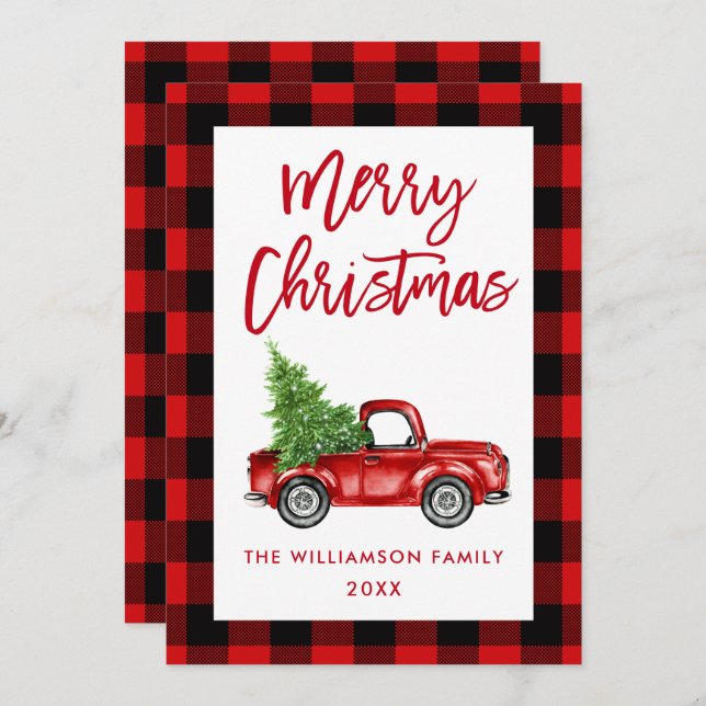 Brush Script Truck Red Plaid Christmas Card (Front/Back)