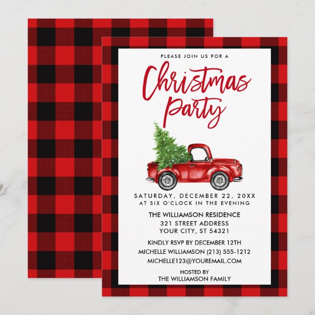 Brush Script Truck Red Plaid Christmas Party Invitation (Front/Back)