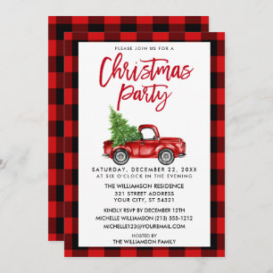 Brush Script Truck Red Plaid Christmas Party Invitation