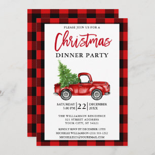Brush Script Truck Red Plaid Christmas Party Invitation