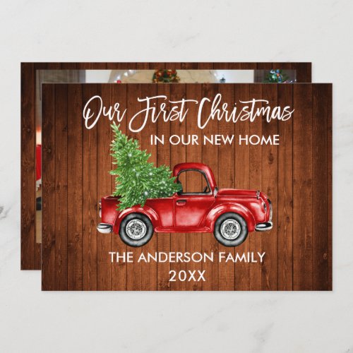Brush Script Truck Wood First Christmas Home Photo Holiday Card