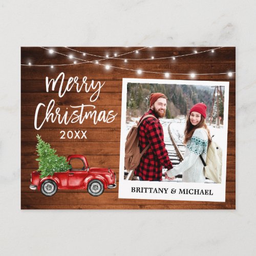 Brush Script Truck Wood Vintage Couple Christmas Postcard