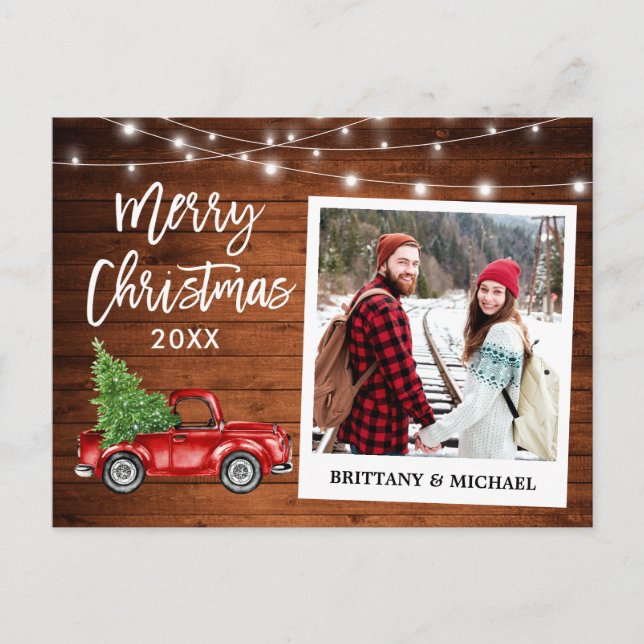Brush Script Truck Wood Vintage Couple Christmas Postcard (Front)