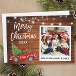 Brush Script Truck Wood Vintage Photo Christmas Holiday Card<br><div class="desc">Modern Brush Script,  Watercolor Vintage Red Truck with Christmas Tree,  Instant Camera Style Photo Merry Christmas Card - Rustic Wood and String Lights</div>