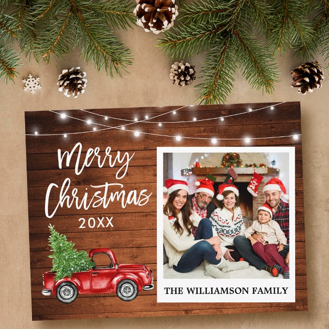 Brush Script Truck Wood Vintage Photo Christmas Postcard (Customize to change your personalized text size or text style.)