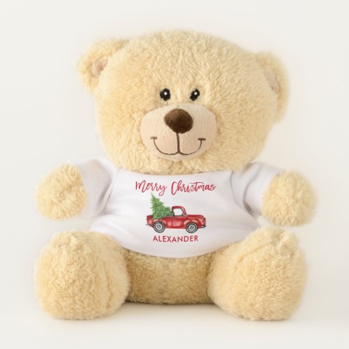 Brush Script Vintage Red Truck Christmas ADD NAME Teddy Bear