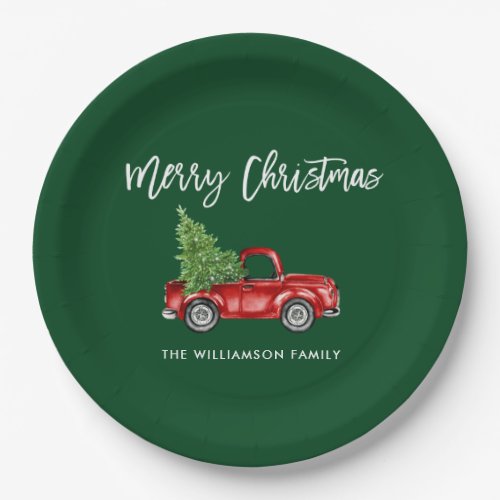 Brush Script Vintage Red Truck Christmas Green Paper Plates