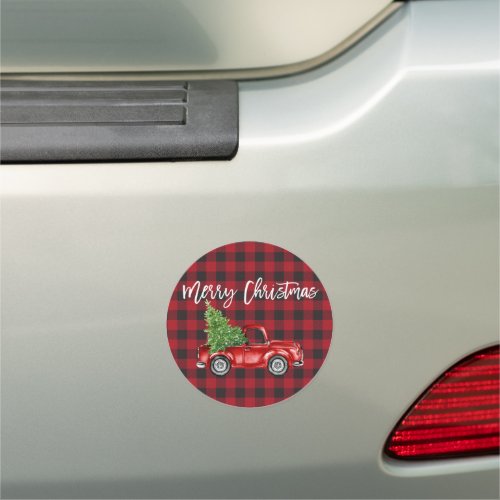 Brush Script Vintage Red Truck Christmas Plaid Car Magnet