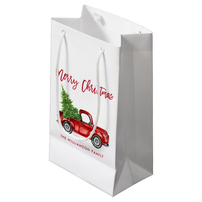 Brush Script Vintage Red Truck Christmas Tree Small Gift Bag (Front Angled)