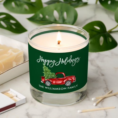 Brush Script Vintage Red Truck Green Holiday Scented Candle