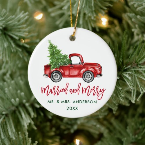 Brush Script Vintage Red Truck Married Merry Ceramic Ornament
