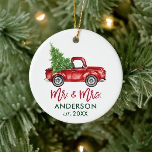 Brush Script Vintage Red Truck Mr and Mrs Ceramic Ornament