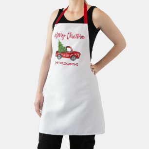 Brush Script Vintage Red Truck with Christmas Tree Apron