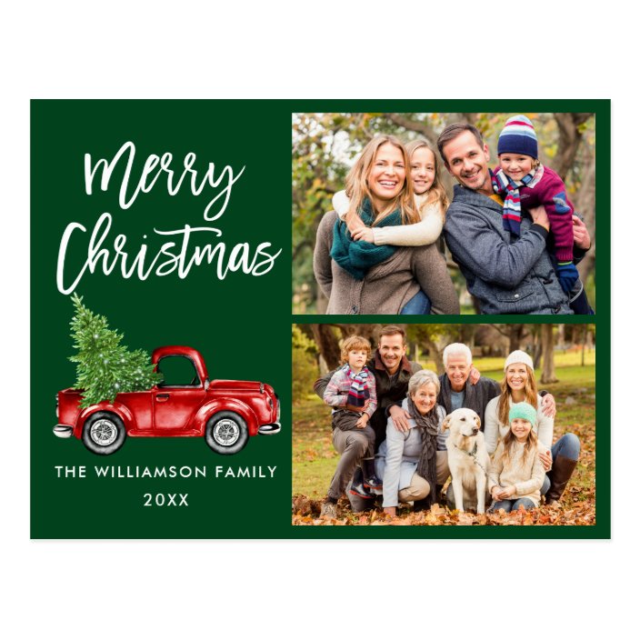 Brush Script Vintage Truck 2 Photo Christmas Green Postcard Zazzle Com