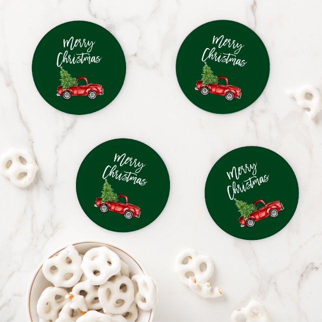 Brush Script Vintage Truck Christmas Green Coaster Set (In Situ)