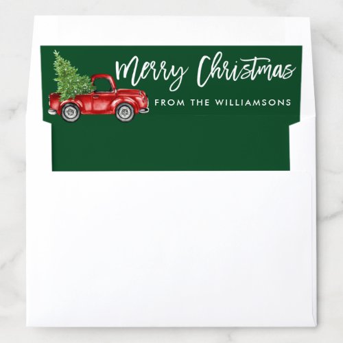 Brush Script Vintage Truck Christmas Green Envelope Liner