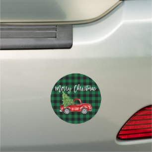 Brush Script Vintage Truck Christmas Green Plaid Car Magnet