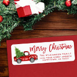 Brush Script Vintage Truck Christmas Red Label<br><div class="desc">Brush Script Watercolor Vintage Red Truck with Christmas Tree - Merry Christmas Family Return Address Label</div>