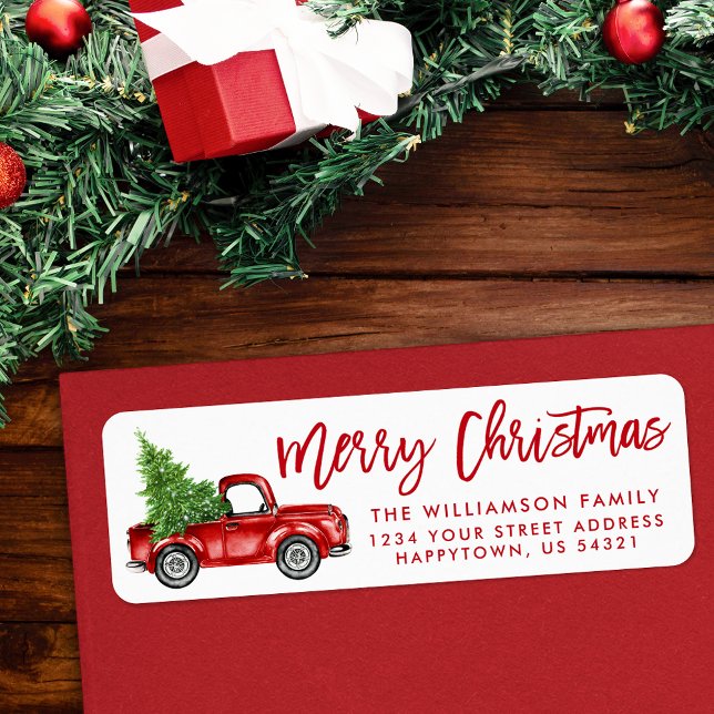 Brush Script Vintage Truck Christmas Red Label (Customize to change your personalized text size or style.)