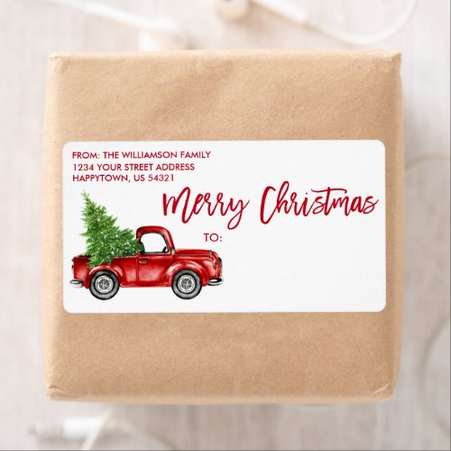 Brush Script Vintage Truck Christmas Red Mailing Label