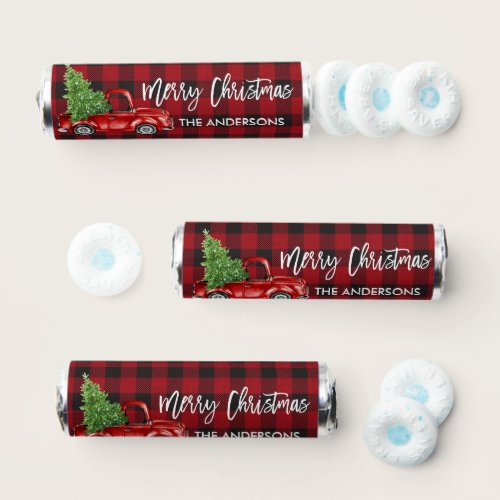 Brush Script Vintage Truck Christmas Red Plaid Breath Savers® Mints