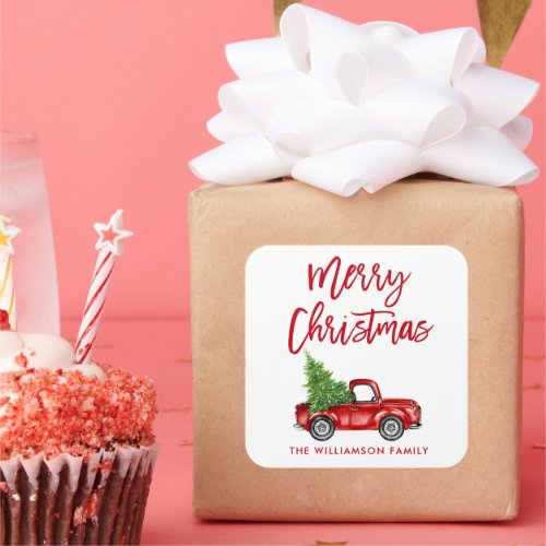 Brush Script Vintage Truck Christmas Square Sticker