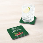 Brush Script Vintage Truck Christmas Tree Green Beverage Coaster<br><div class="desc">Brush Script Watercolor Vintage Red Truck with Christmas Tree Coaster</div>