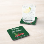 Brush Script Vintage Truck Christmas Tree Green Beverage Coaster<br><div class="desc">Brush Script Watercolor Vintage Red Truck with Christmas Tree Coaster</div>