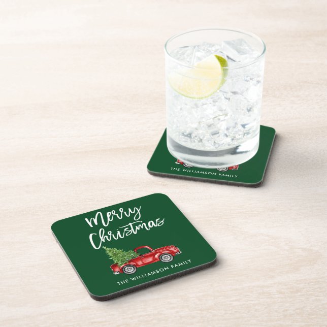 Brush Script Vintage Truck Christmas Tree Green Beverage Coaster (Right Side)