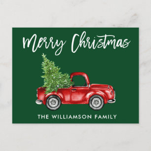 Brush Script Vintage Truck Christmas Tree Green Postcard